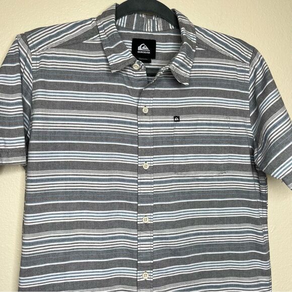Quicksilver Stripe Short Sleeve Button Front Cotton Gray White Blue Men Large - Picture 3 of 14
